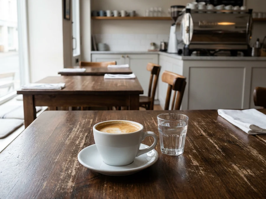Flat white v keramickém šálku na dřevěném stole